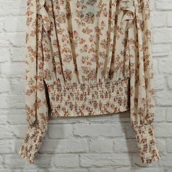 O Forever 21 Cream Wildflower Neck Tie Smocked Cropped Long Sleeve Top NWT M - Picture 13 of 13
